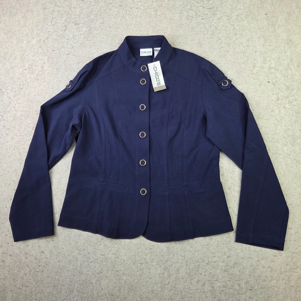 Chico'sโ Military-Inspired Jacket Womens Size 1 Regular Navy Blue Stretch NEW